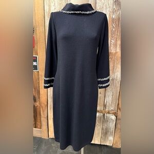 St. JOHN Collection Sz 10 Black Santana Knit Dress Trimmed w/Black &White Fringe